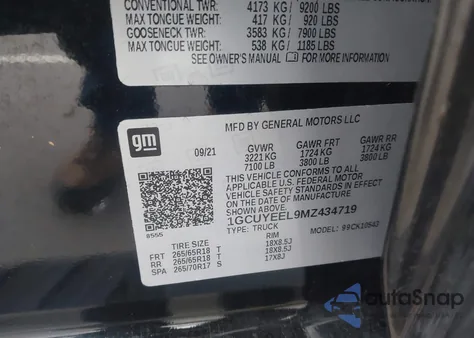 2021 Chevrolet Silverado 1500 4Wd Short Bed Rst z USA, uszkodzony, nr VIN 1GCUYEEL9MZ434719